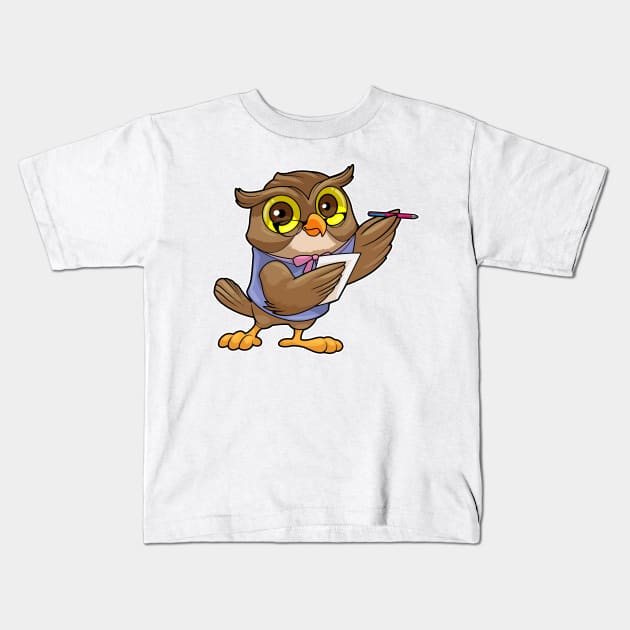 Owl as Secretary with Ballpoint pen & Note Kids T-Shirt by Markus Schnabel